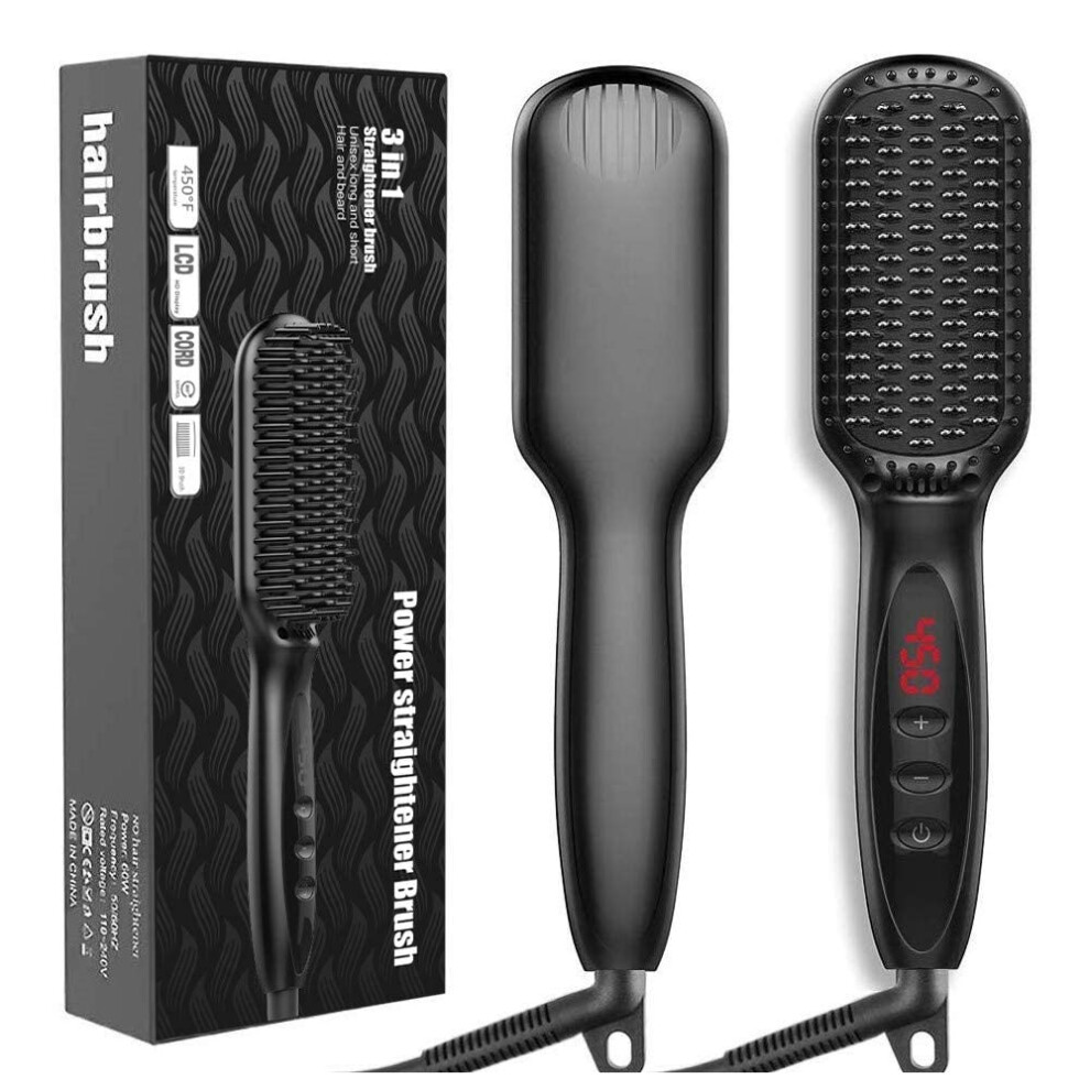 Hair Straightener Brush and Beard Straightening Comb with Fast MCH Heating, Ionic Frizz Control, Dual Voltage