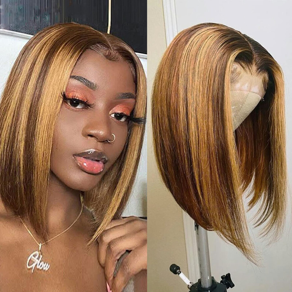 Unisex Human Hair Lace Front Bob Wig 4/27 Ombre Highlight Hd Transparent Lace Preplucked 13X4 Glueless 150% Density