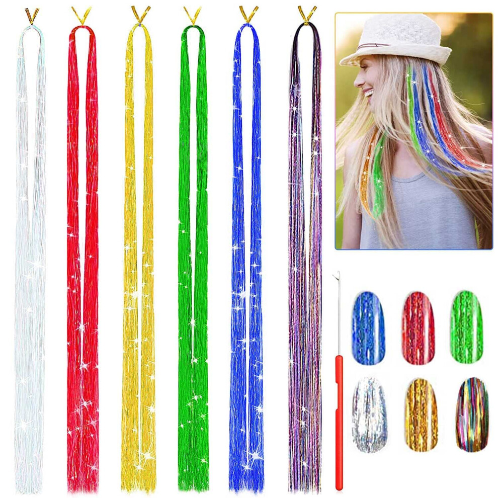 Unisex Hair Tinsel Kit 47 Inch Strands With Tools 6 Colors 1200Pcs Glitter Extensions For Instant Sparkle