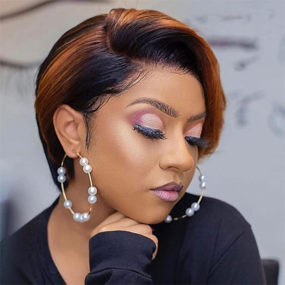 Unisex Human Hair Lace Front Wig Pixie Cut Bob 13X6 T Part Pre Plucked Remy Hair Short Straight 8Inch 1B/30