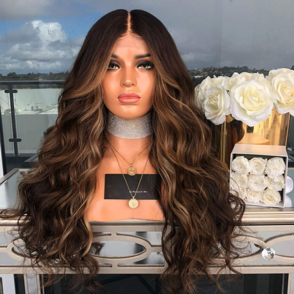 Brown Lace Front Curly Wave Wig for Women Synthetic Human Hair with Comfortable Rose Net