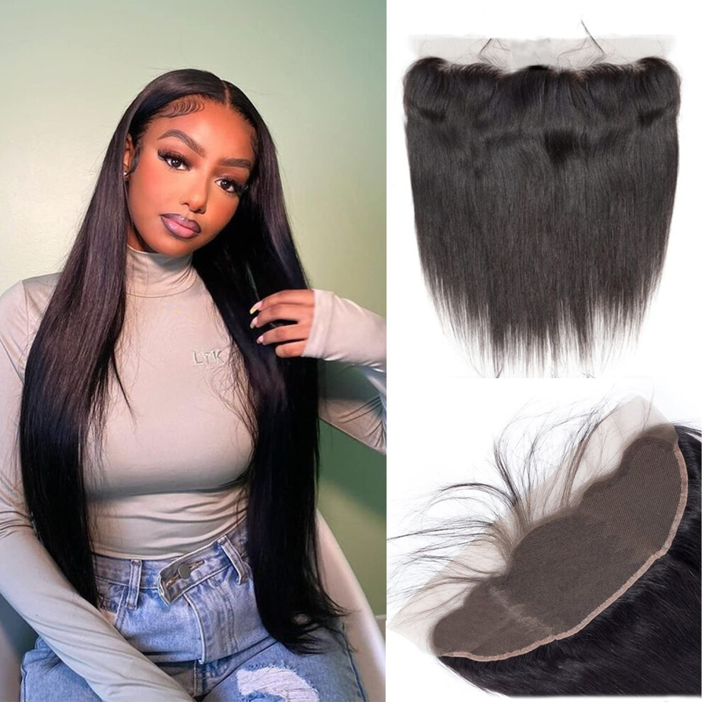 13x4 Lace Frontal Closure Brazilian Virgin Hair 16 Inch with Baby Hair Natural Hairline 150% Density