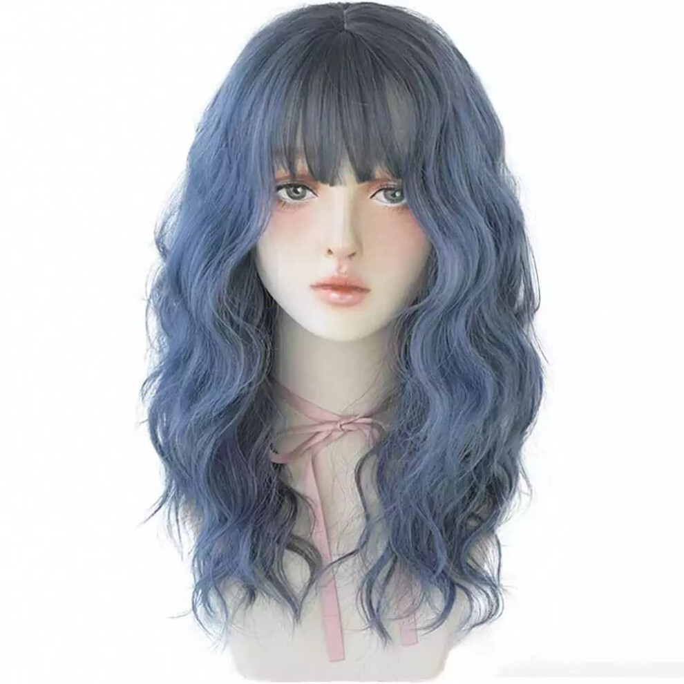 Blue Ombre Long Curly Wig with Bangs, Heat Resistant Synthetic Hair for Cosplay and Daily Wear