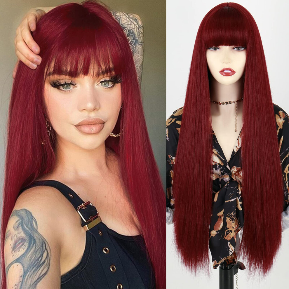 Unisex Red Wig With Bangs Long Straight Wine Heat Resistant Synthetic Hair For Women