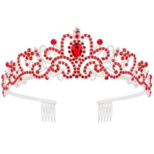 Tiara Crown with Comb for Women Girls – Elegant Rhinestone Bridal Wedding Princess Headband Red