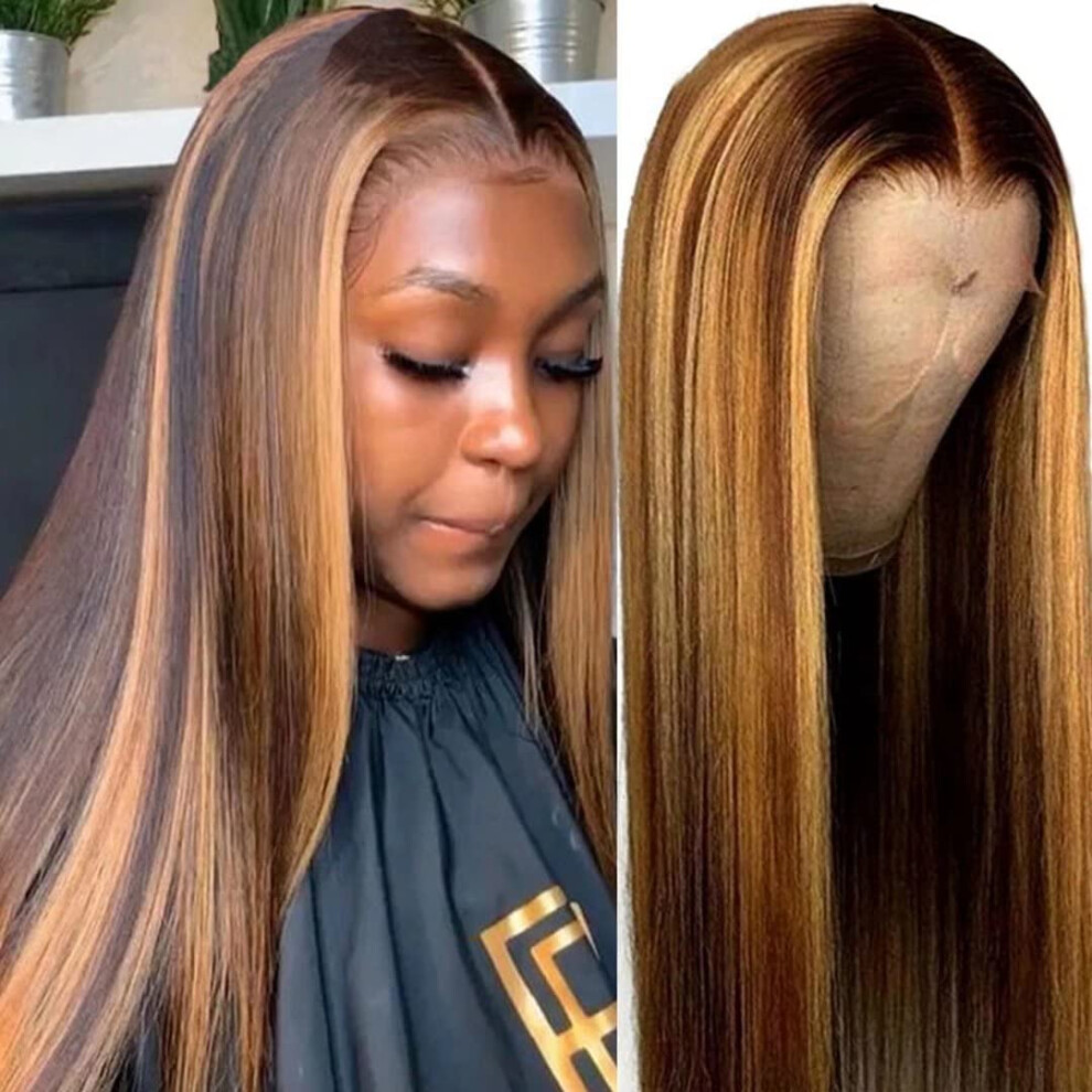 Unisex 13X4 Ombre Highlight Human Hair Lace Front Wig Honey Blonde Brazilian Straight 20 Inch