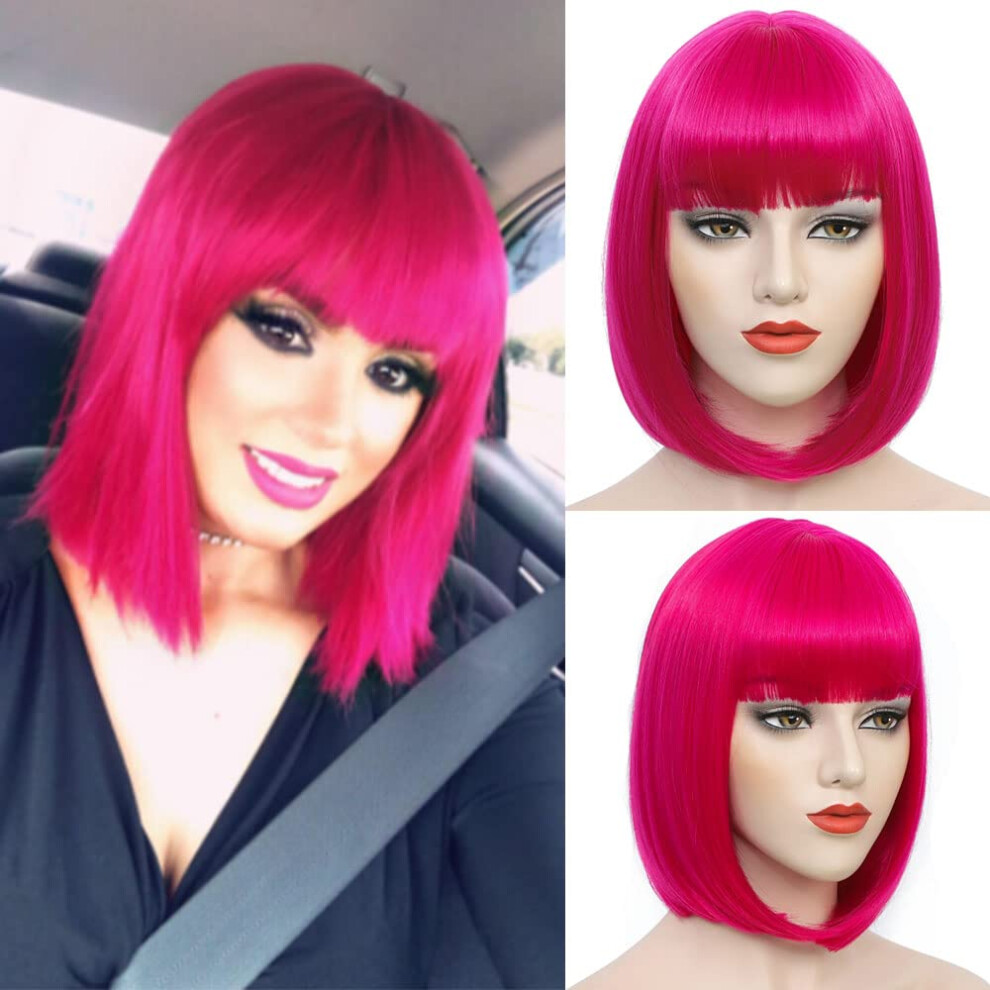 Pink Bob Wig with Bangs for Women, Vibrant Hot Pink Synthetic Short Hair for Halloween Cosplay