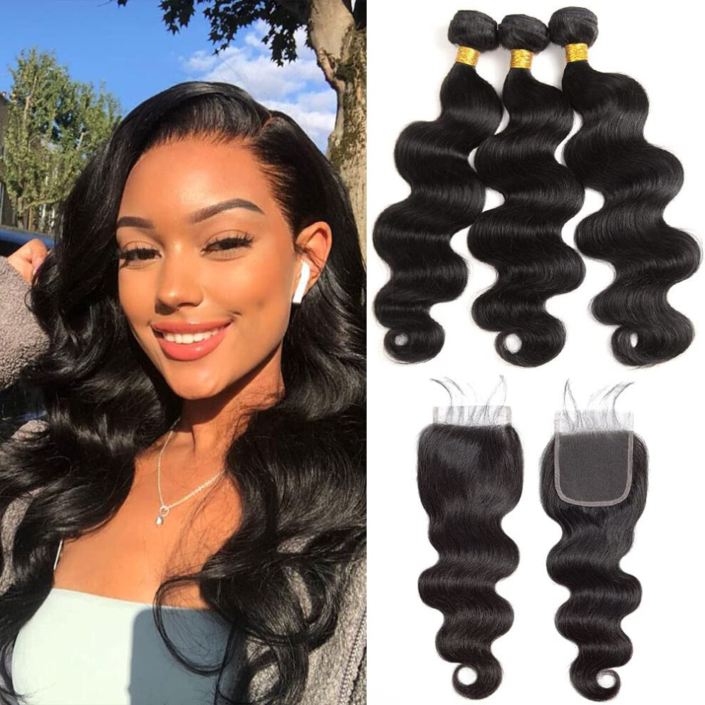 Unisex Brazilian Body Wave Bundles 3Pcs With 4X4 Lace Closure 9A Virgin Human Hair Extensions Natural Wave