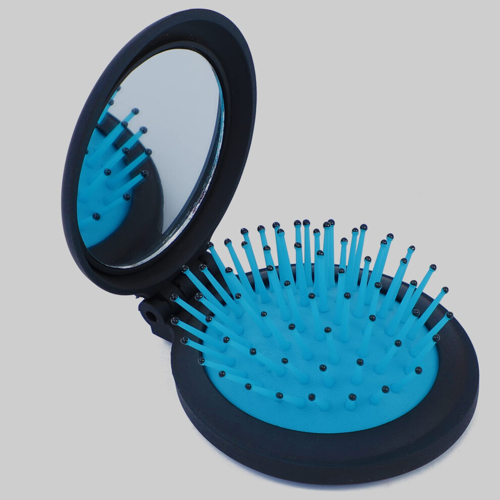 Blue Folding Hair Brush With Mirror, Compact Travel Hair Brush For Purse, Mini 2 In 1 Comb