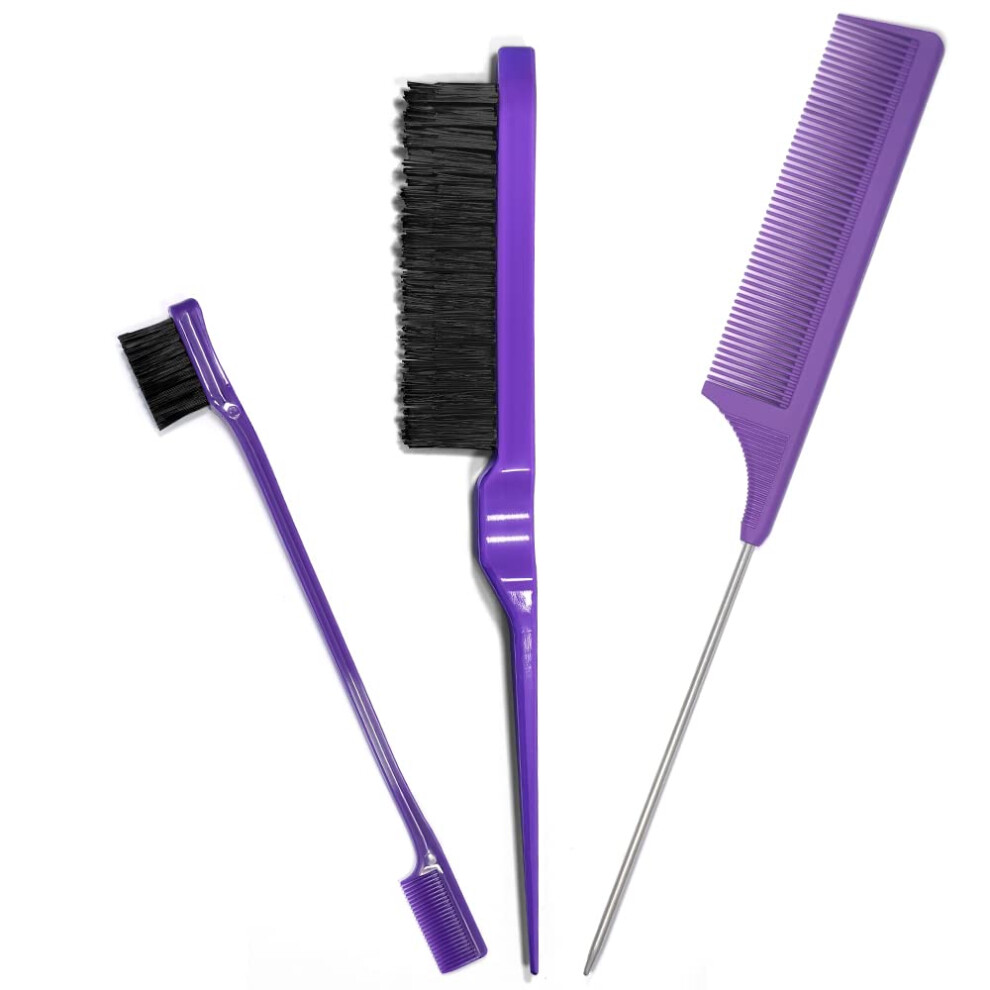 Unisex Purple Edge Control Brush Set With Hairline Brush And Rat Tail Comb, Gentle Bristles, 3Pcs