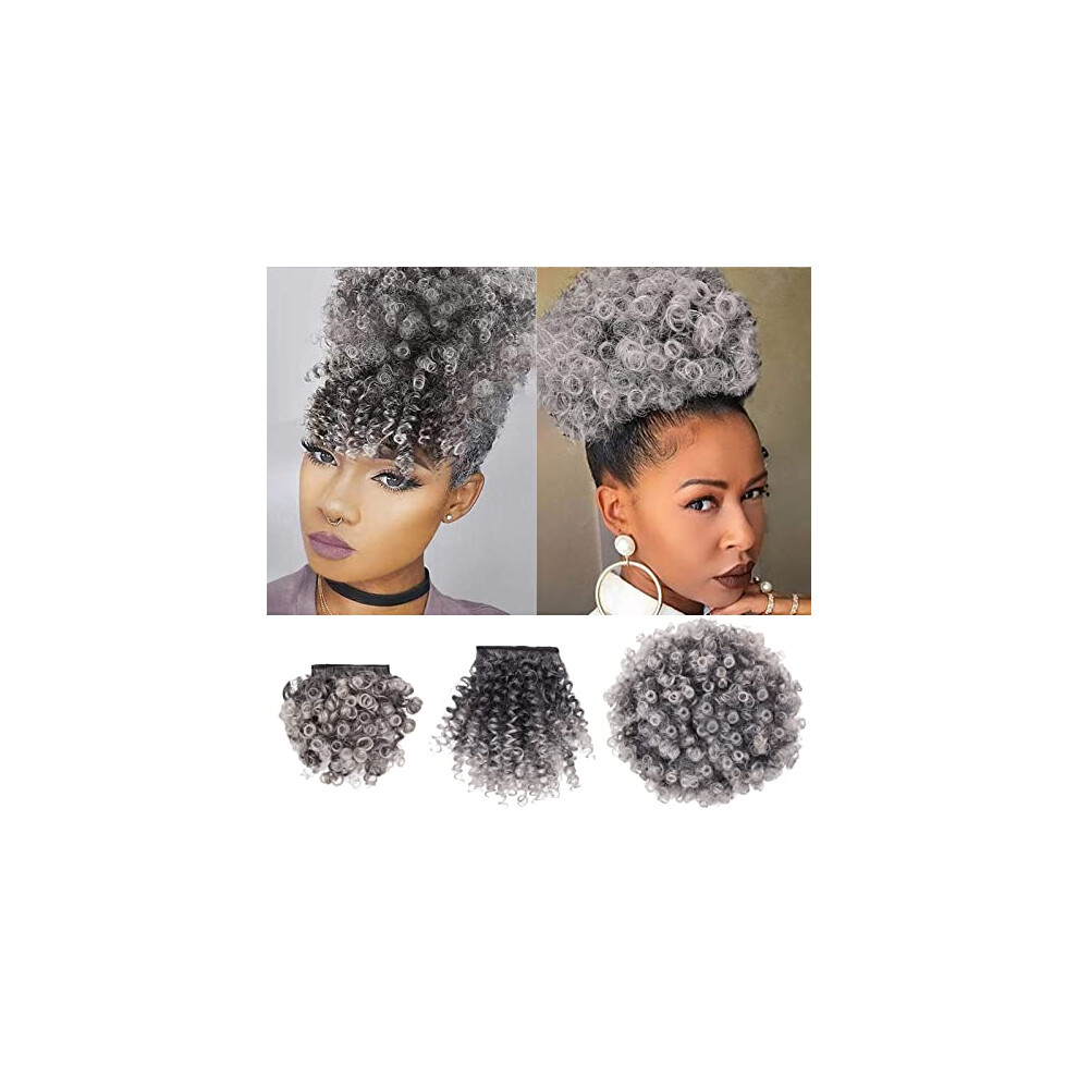 Unisex Black Afro Puff Drawstring Ponytail With Two Clip On Bangs Updo Wig For Women 1B/Grey