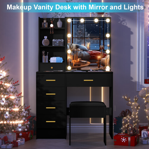 Black Dressing Desk Vanity Table LED Lights Mirror 1