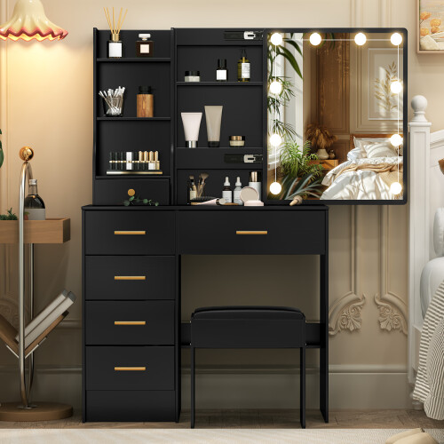 Black Dressing Desk Vanity Table LED Lights Mirror 2