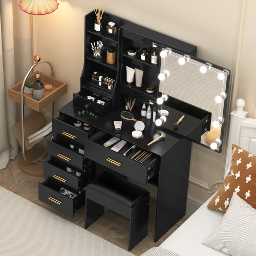 Black Dressing Desk Vanity Table LED Lights Mirror