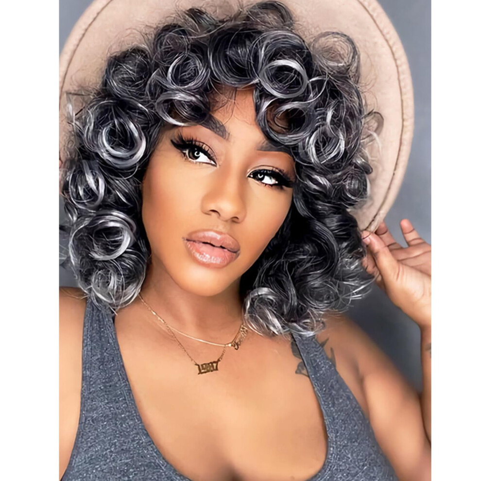 Unisex Black,Grey Short Grey Curly Wig With Bangs For Black Women, Heat Resistant Synthetic Afro Wig 1B Grey Ombre