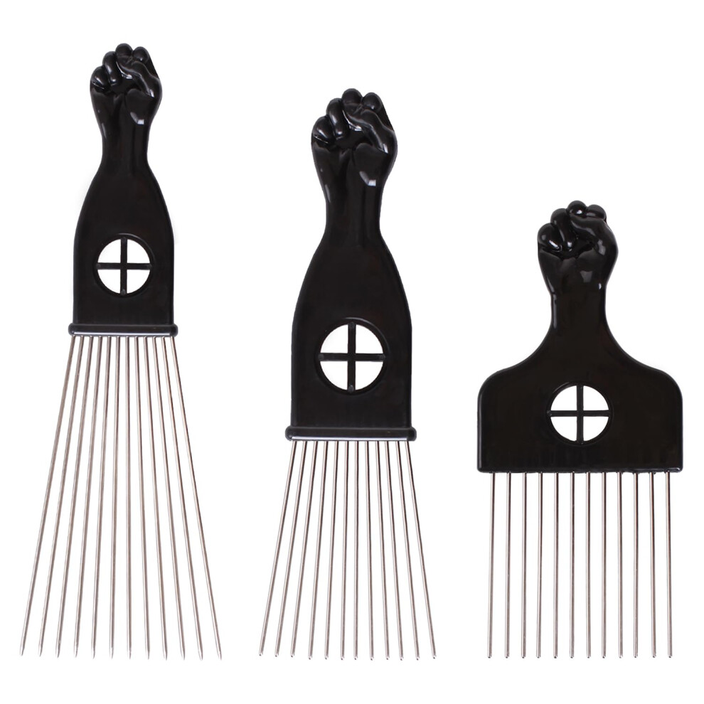 Unisex Black 3 Pack Metal Afro Hair Pick Combs Set With Ergonomic Fist Handle For Curly Hair Detangling