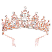 Rose Gold Wedding Tiara for Bride with Rhinestones and Comb, Elegant Bridal Crown