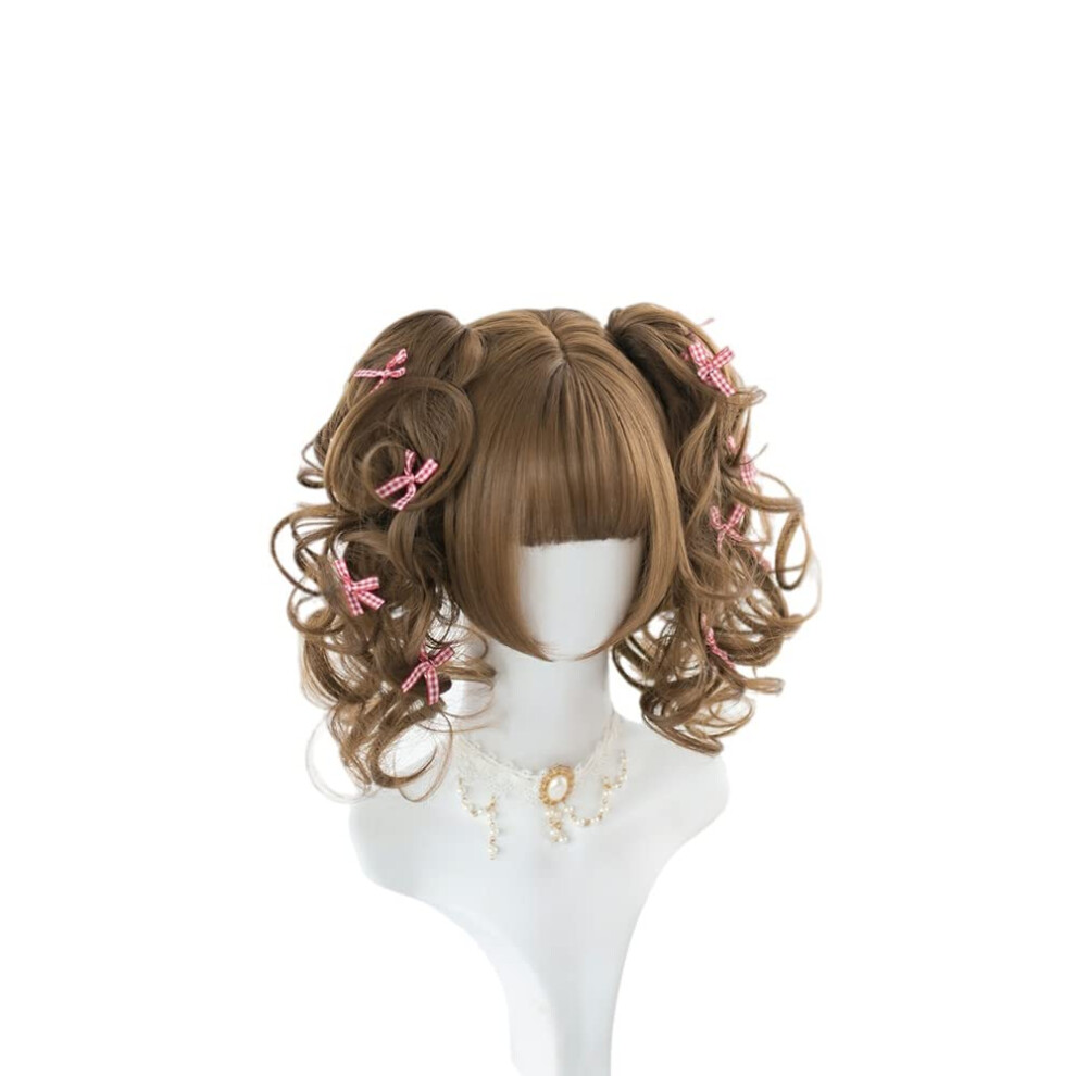Unisex Brown Short Curly Lolita Wig With Bangs, Heat Resistant Synthetic Cosplay Hair For Women