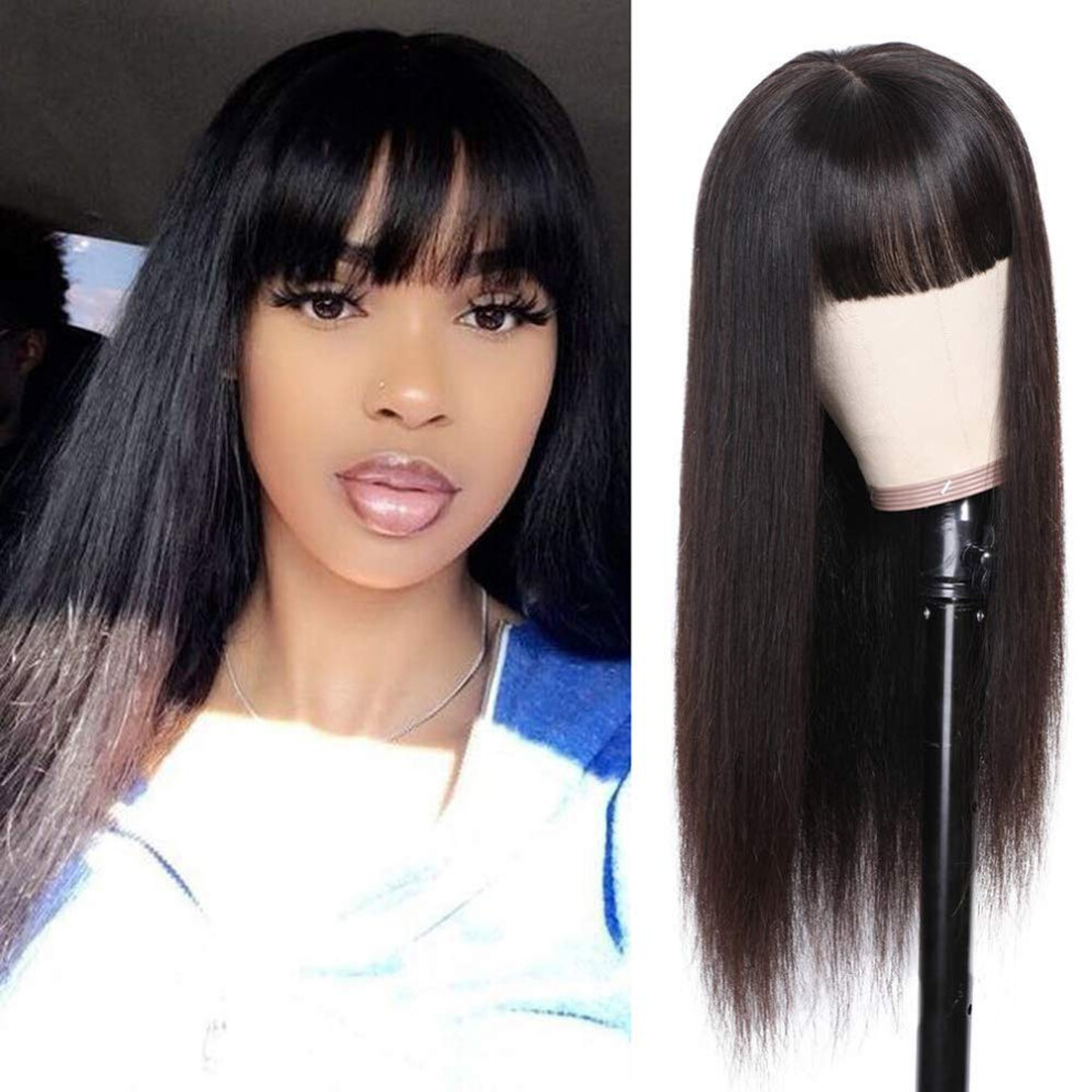 Unisex Black Human Hair Wigs With Bangs For Women Brazilian Virgin Straight 130% Density Glueless 16 Inch