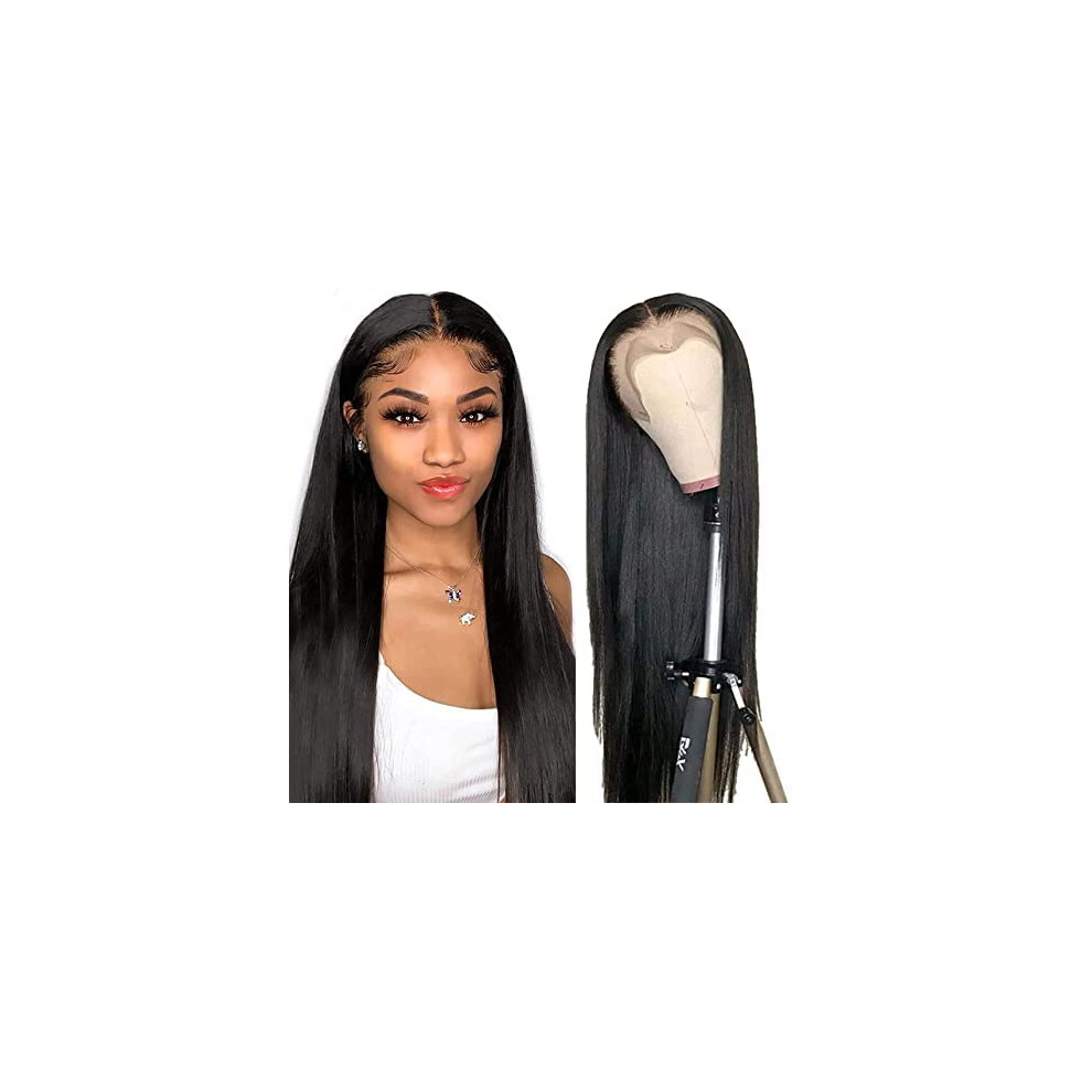 Unisex Black 13X4 Lace Front Wigs Human Hair Glueless Brazilian Virgin Straight Wig Pre Plucked For Women 20 Inch