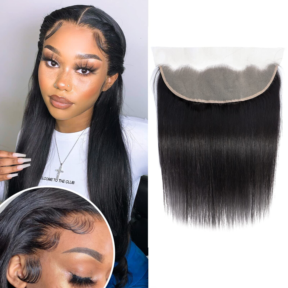 Unisex Black Brazilian Lace Frontal 13X4 Transparent Closure Pre Plucked Human Hair 16In Straight