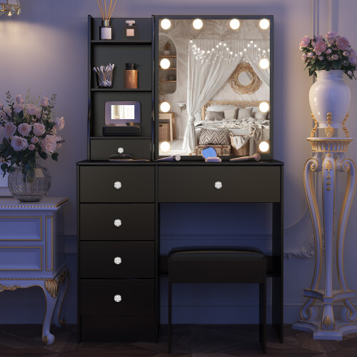 6-Drawer LED Makeup Mirror Vanity Set Dresser Desk 1
