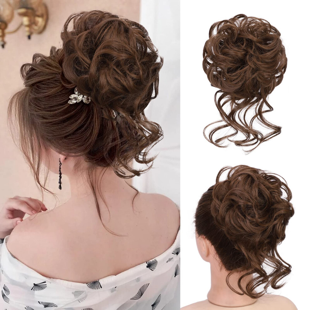 Messy Bun Hair Piece for Women, Synthetic Wavy Curly Chignon Hair Bun Extension, Light Reddish Brown