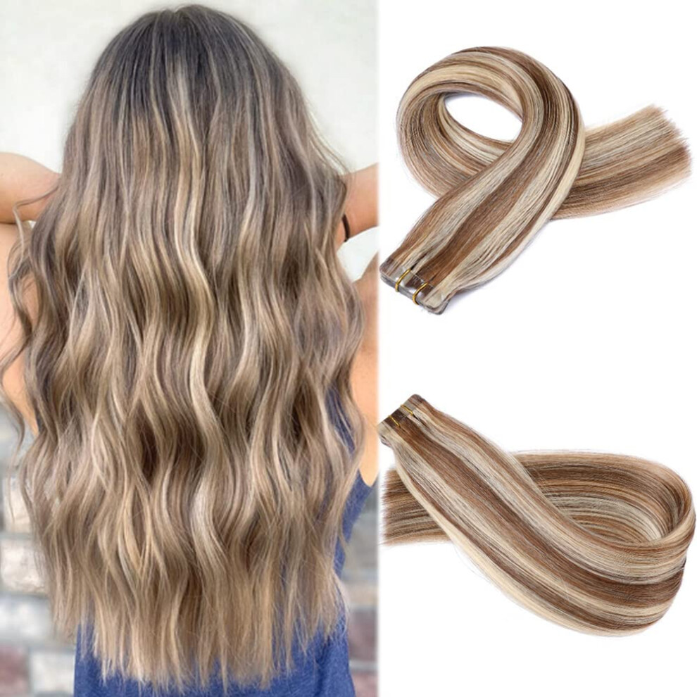 Unisex Brown Tape In Hair Extensions Chocolate To Caramel Blonde Balayage Remy Human Hair 16 Inch Seamless