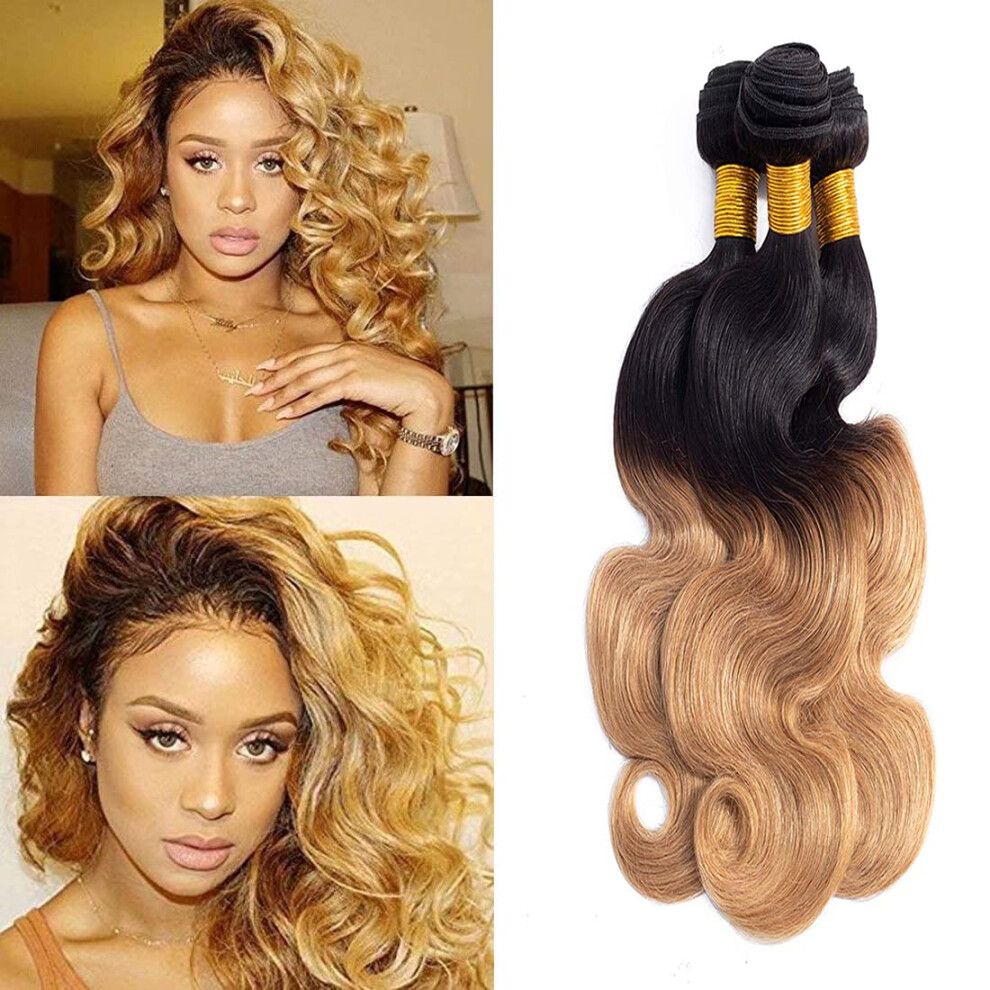 Unisex Black Brazilian Virgin Human Hair Bundles 1B27 Ombre Body Wave To Honey Blonde Extensions 3Pcs