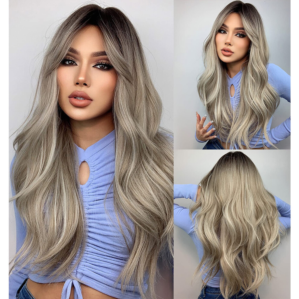 Unisex 22 Inch Ombre Ash Blonde Wig With Fringe And Side Bangs, Heat Resistant Synthetic Hair