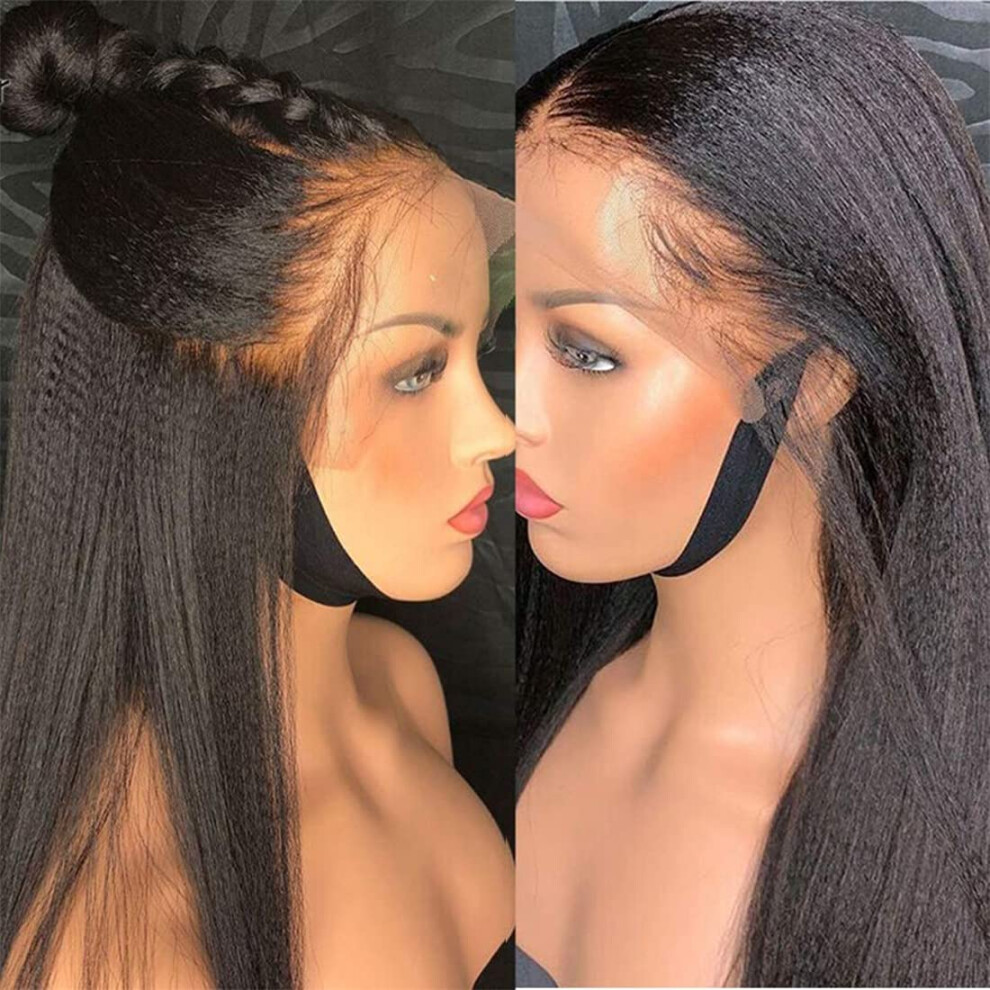 Unisex Black 18 Inch Brazilian Yaki Straight Lace Front Human Hair Wig Pre Plucked Hairline With Baby Hair 150 Density Natural Color For Women