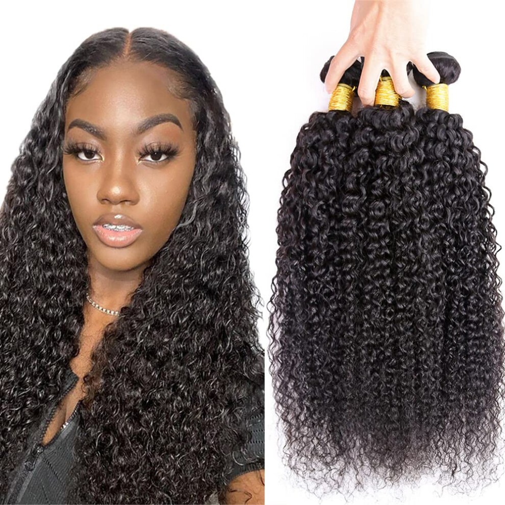 Unisex Black 12 Inch Kinky Curly Human Hair Bundles, Brazilian Virgin Remy Weave Extensions Natural