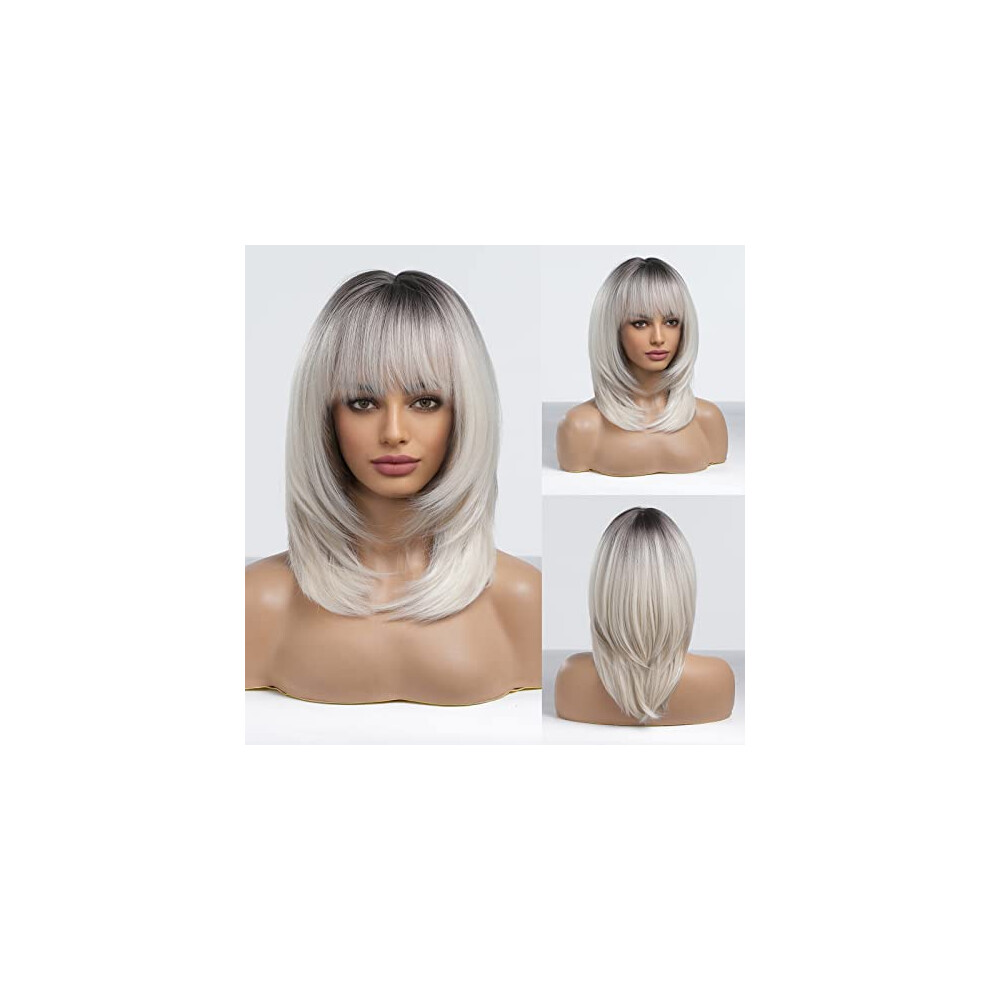 Unisex Dark Ombre Blonde Short Bob Wig With Bangs, Heatresistant Synthetic Hair, Layered Roots