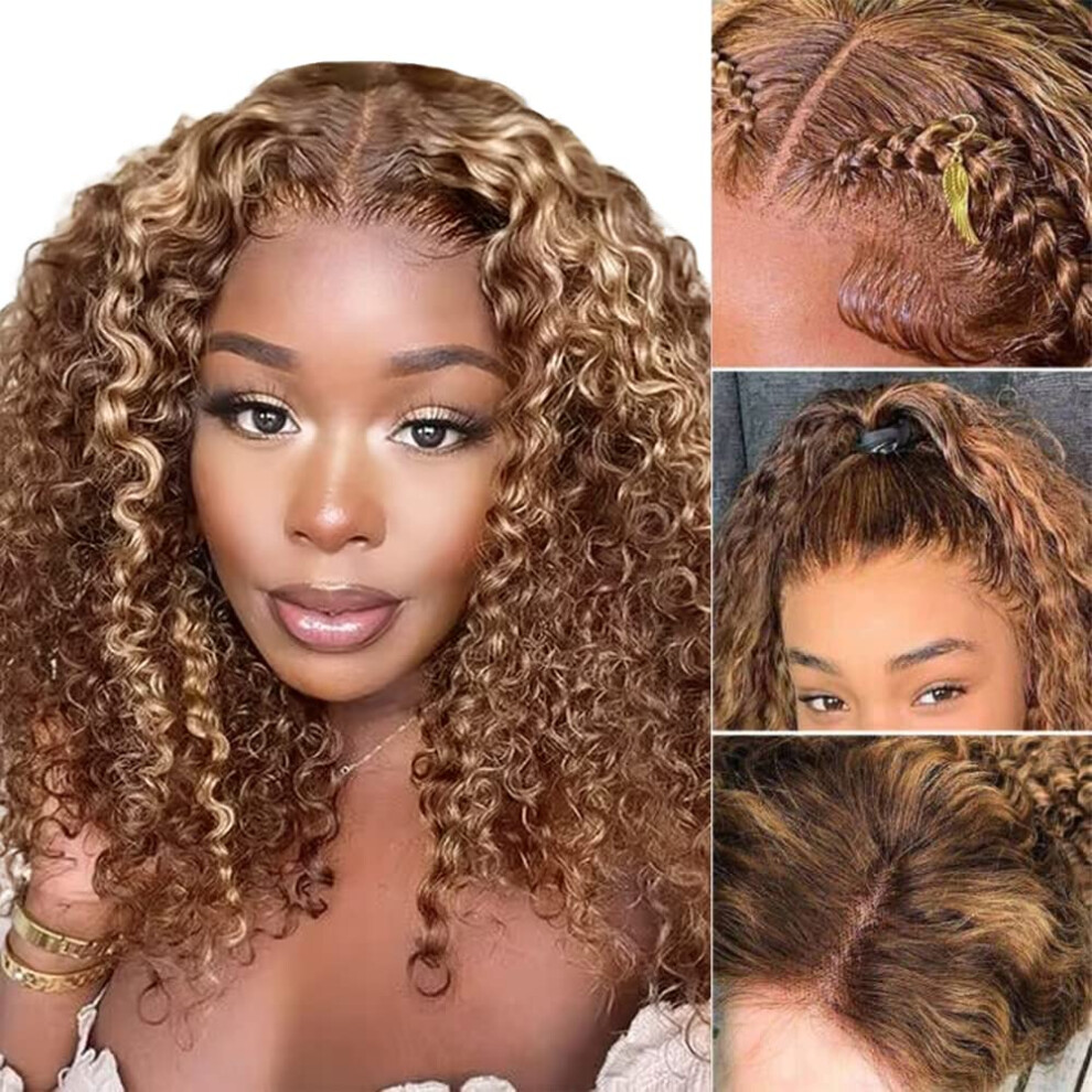 Unisex Black Human Hair Lace Front Wig Ombre Curly 14 Inch Hd Transparent Blond Highlight For Women