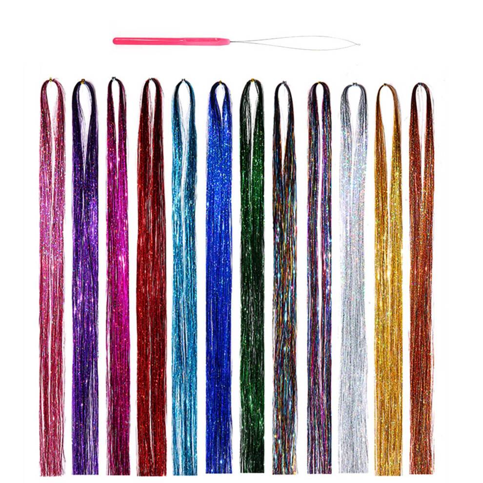 Hair Tinsel Extensions Kit 47 Inches 2400 Strands 12 Vibrant Colors Heat Resistant for Kids and Adults