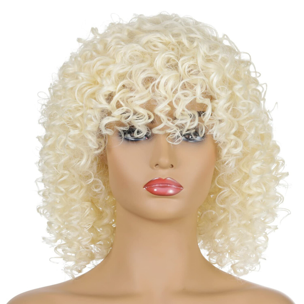 Unisex Black Blonde Short Curly Afro Wig With Bangs For Women, Heat Resistant Synthetic Hair