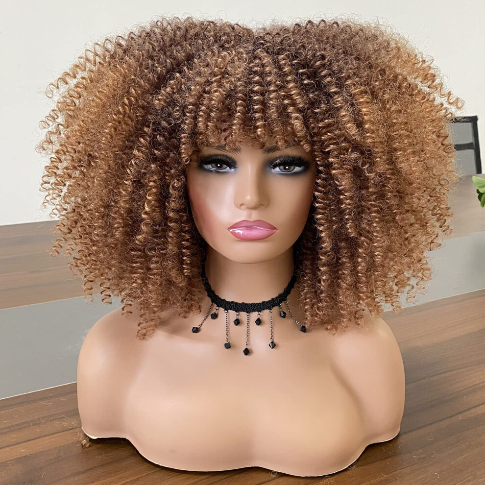 Unisex Black Afro Kinky Curly Wig For Women With Bangs, 10 Inch Synthetic Hair, Natural Texture