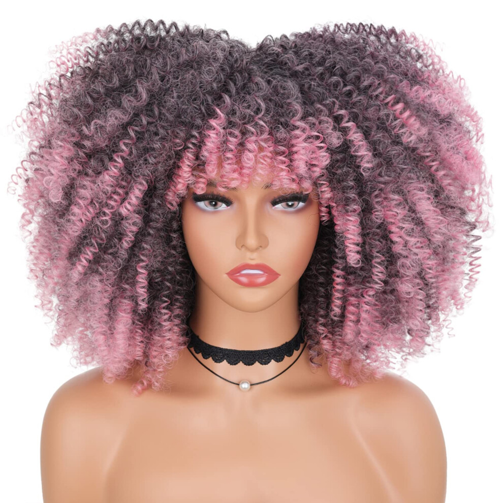 Unisex Pink Curly Afro Wig With Bangs Ombre Synthetic Long Wig Glueless Voluminous Style For Women