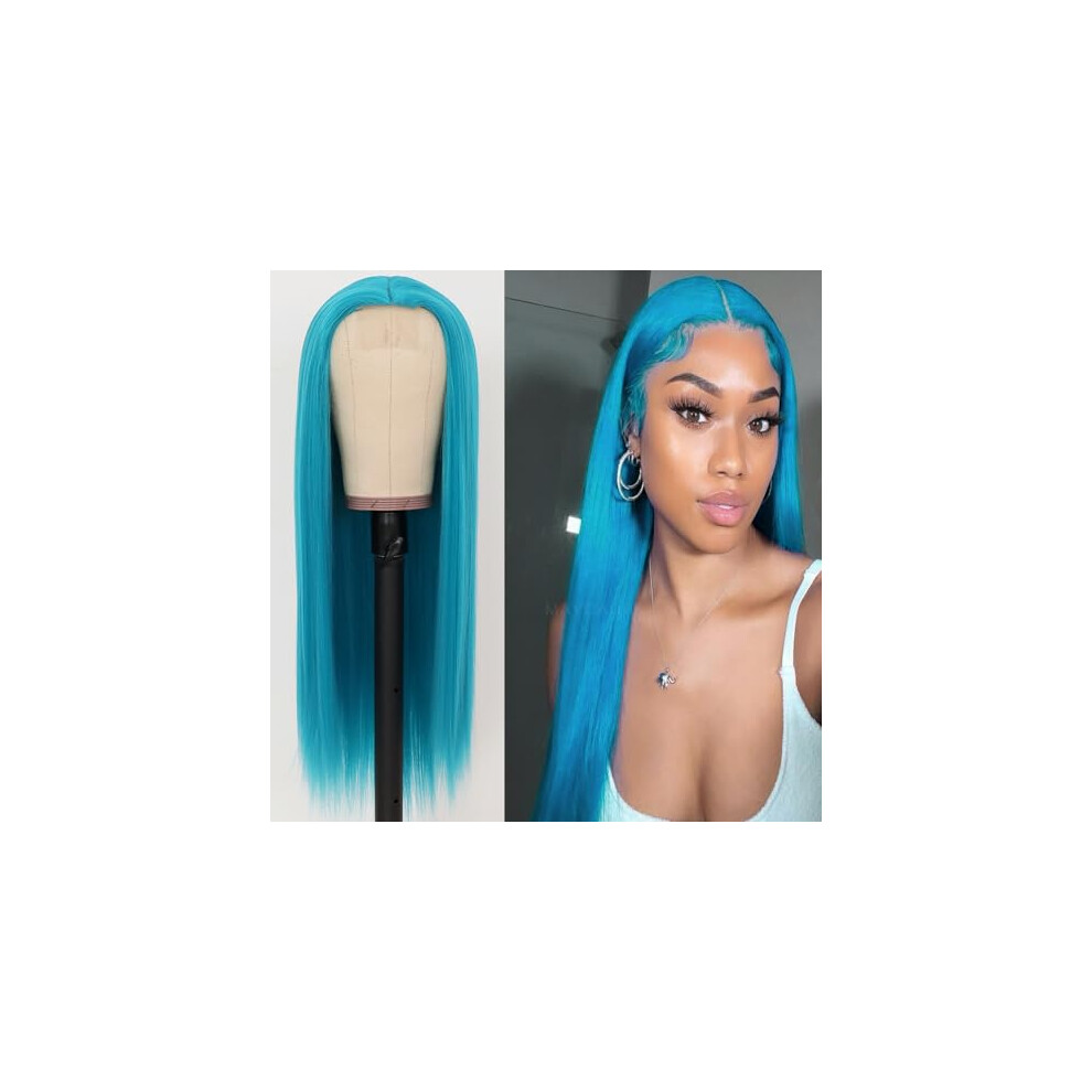 Light Blue Lace Front Wig 22 Inch Straight Heavy Density Heat Resistant Synthetic Hair for Women