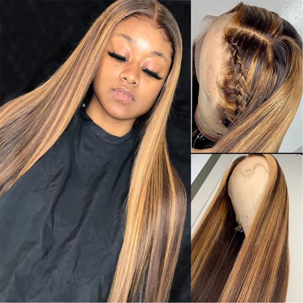 Unisex 13X4 Honey Blonde Highlight Lace Front Wig Human Hair 4/27 Ombre With Natural Hairline