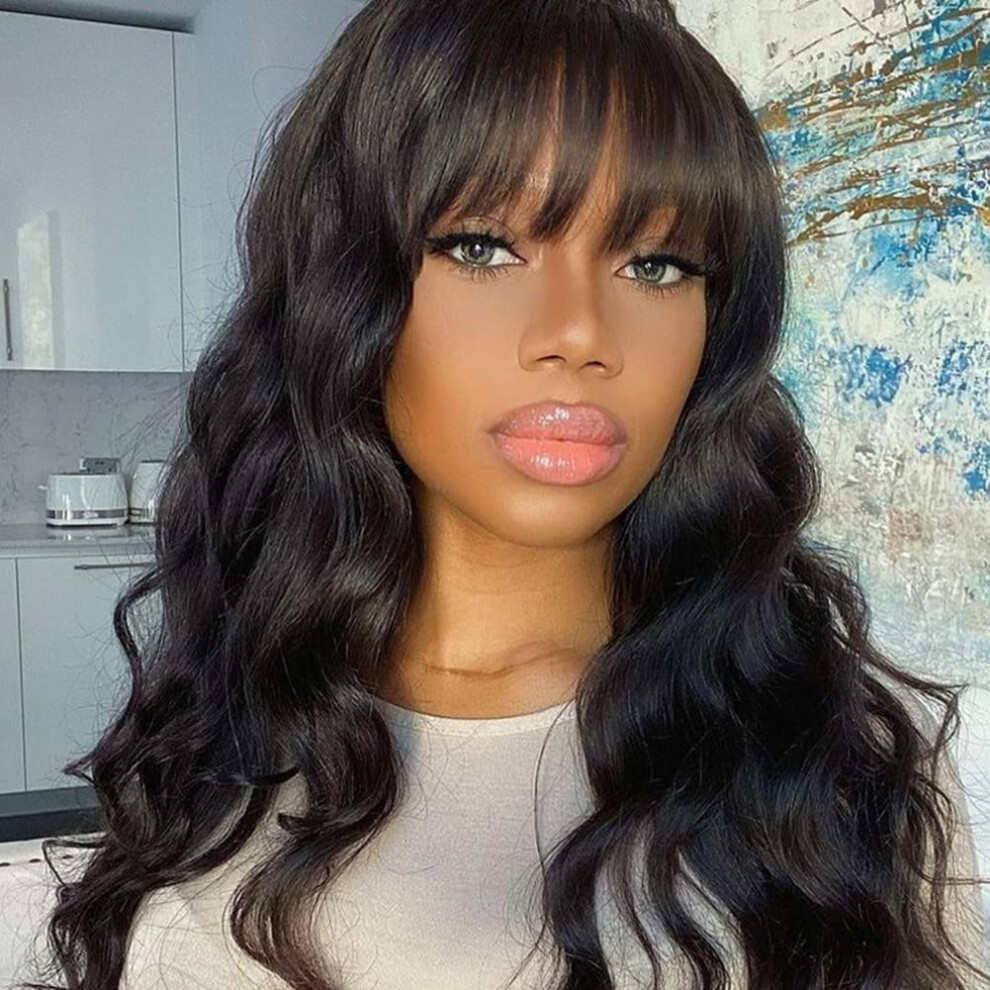 26 Inch Long Black Wavy Wig with Bangs, Heat Resistant Synthetic Hair for Women Daily Wear