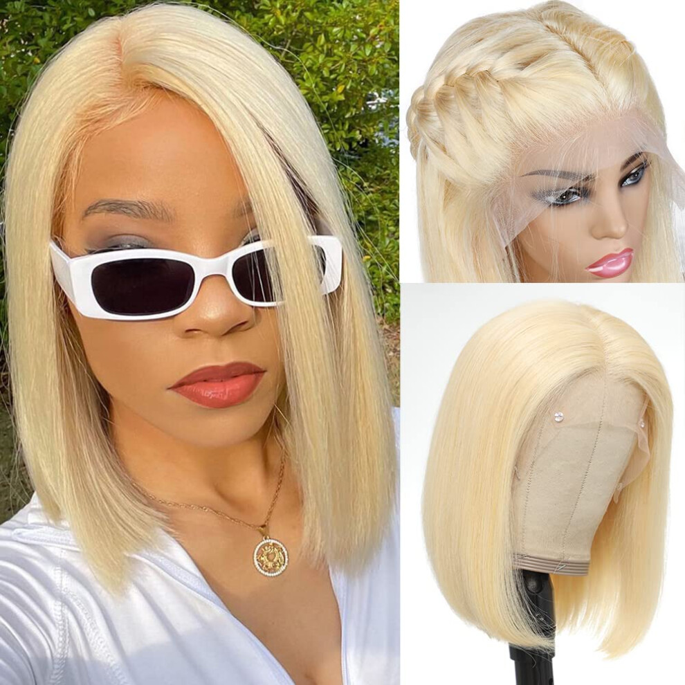 Unisex 613 Blonde Lace Front Wig Human Hair Bob 14 Inch Pre Plucked Hd Transparent Lace Bleached Knots