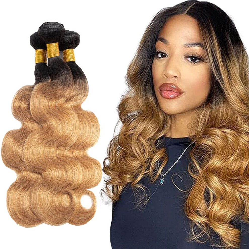 Unisex 1B/27 Ombre Human Hair Bundles Body Wave Brazilian Virgin Honey Blonde Wefts 3Pcs 10'