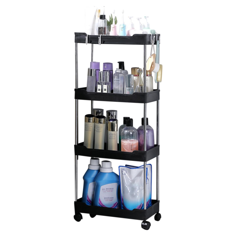 Rolling Storage Cart With Lockable Swivel Wheels, 4Tier Metal Mesh Utility Rack, Kitchen Bathroom Organizer Shelves, Black 9365369386235