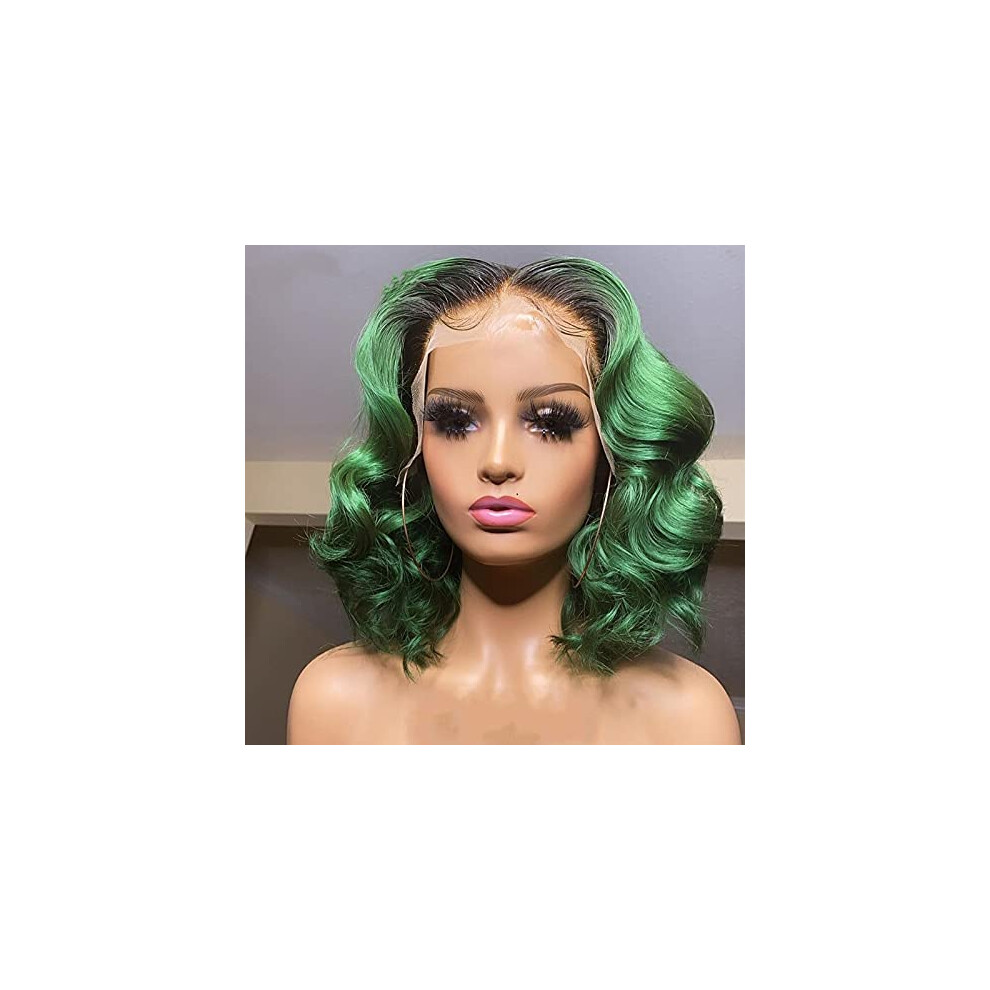 Unisex Green Ombre Bob Wig Human Hair Lace Front 13X2 T Part Brazilian 180 Density Short Wavy Natural Hairline