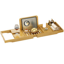 Bamboo Bathtub Caddy Tray Expandable Bath Organizer with Tablet Holder Wine Glass Rack and Soap Dish
