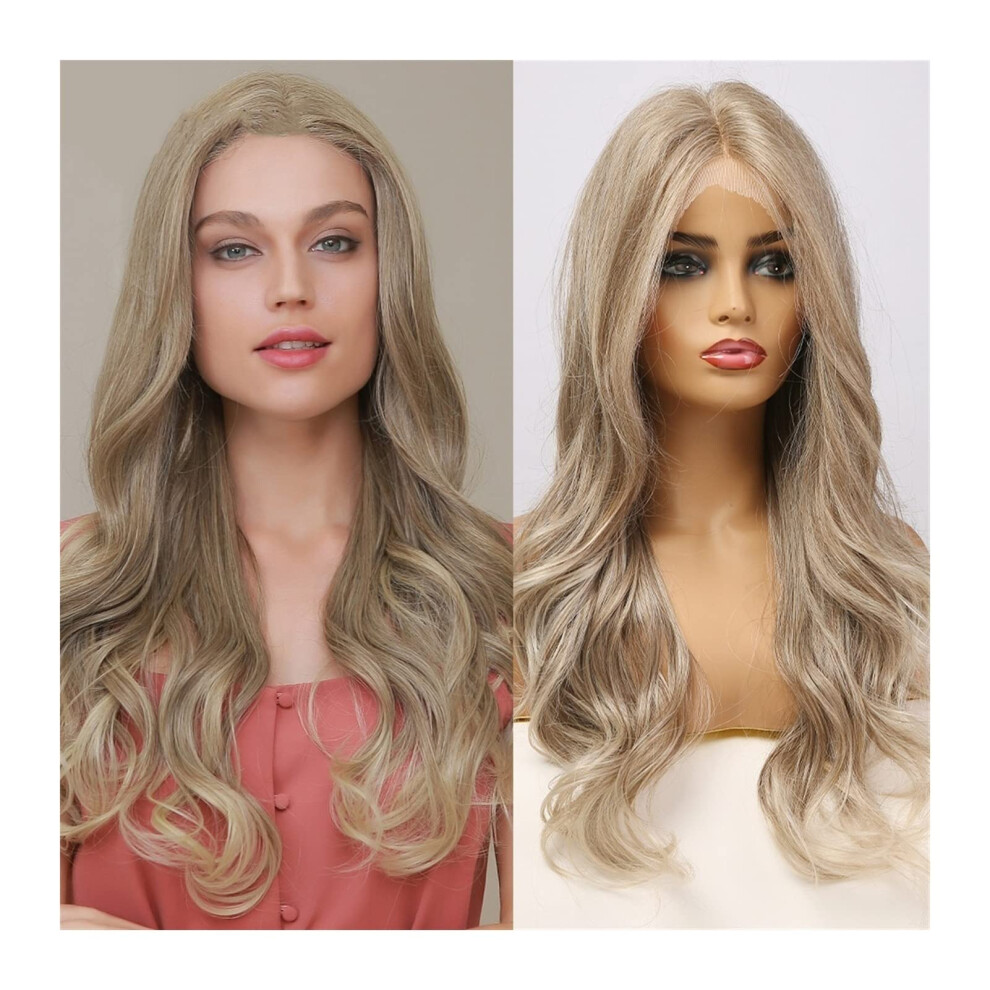 Grey Ombre Lace Front Wig 24 Inch Heat Resistant Synthetic Wigs for Women Body Wave 130 Density