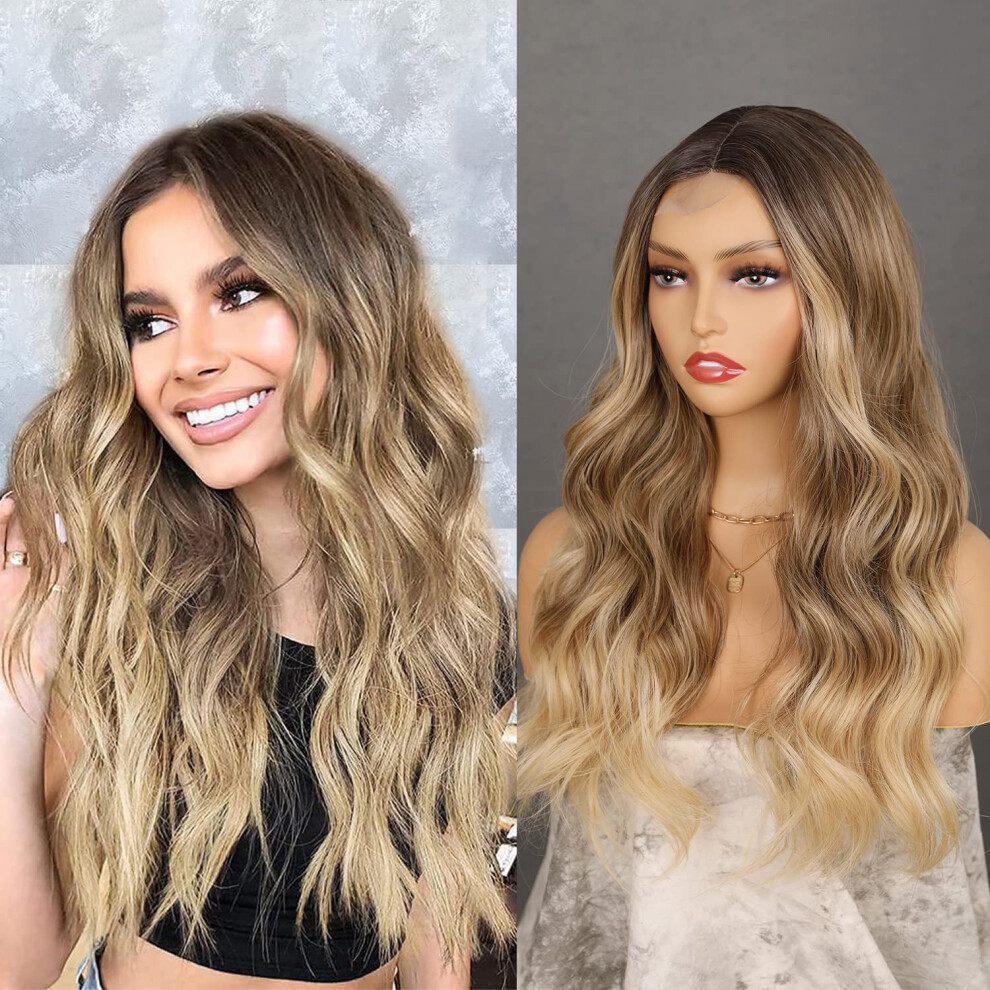Unisex Brown Long Wavy Wig For Women 24 Inch Ombre Blonde Loose Waves Middle Part Synthetic Hair