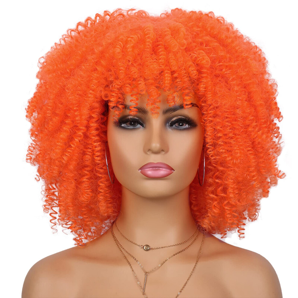 Unisex Orange,Black Afro Curly Orange Wig For Black Women Heat Resistant Synthetic Kinky Curly Shoulder Length