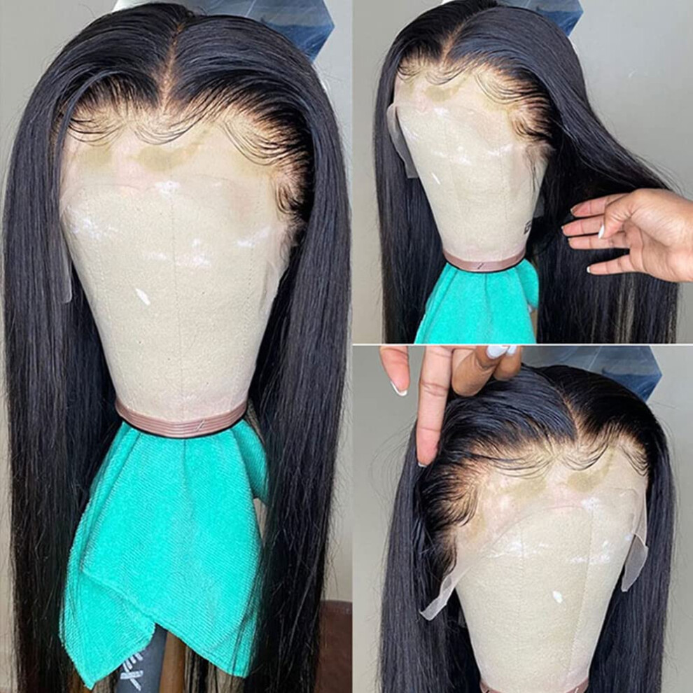 Unisex 22 Inch Human Hair Lace Front Wig 13X4 Transparent Glueless Brazilian Straight Pre Plucked